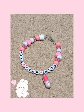 Handmade Kandi "Take Your Meds" Bracelet Pink Pill Charm Cutecore Mental Health